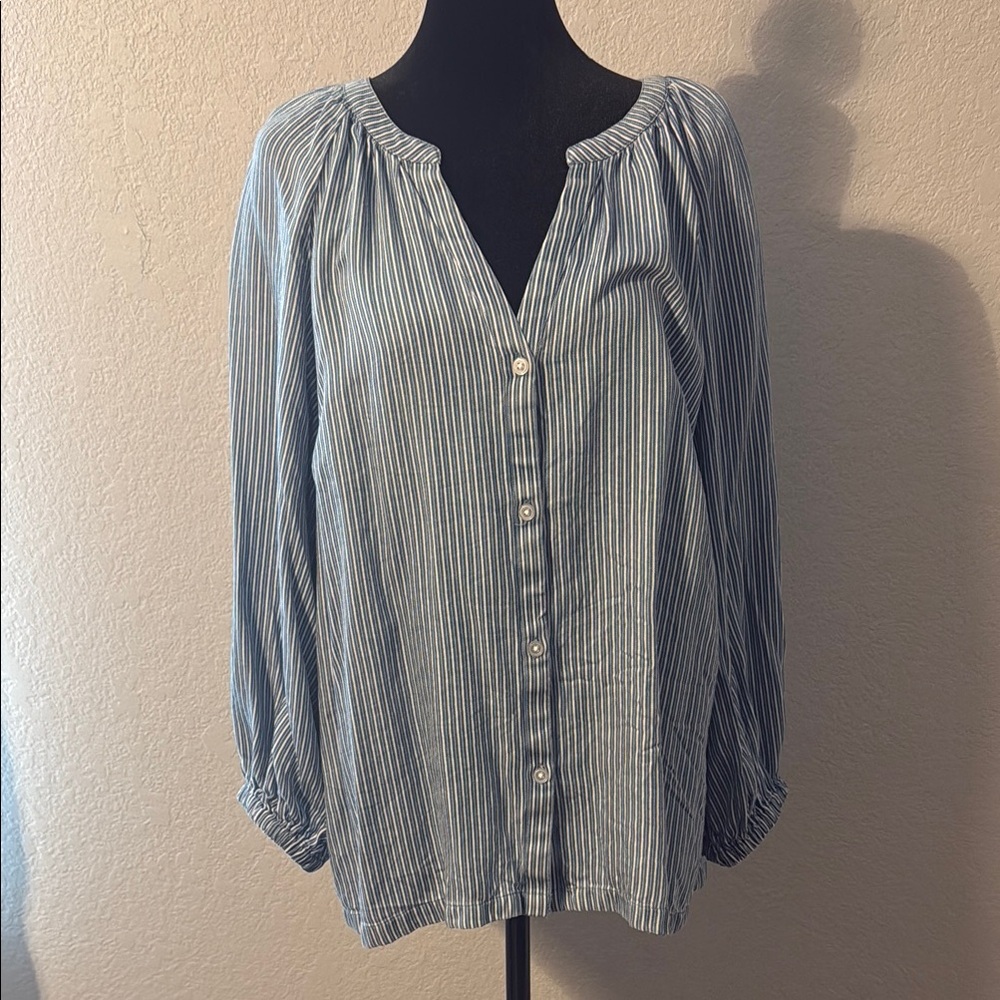 LOFT Blue Blouse with V-Neck and 3/4 Sleeves